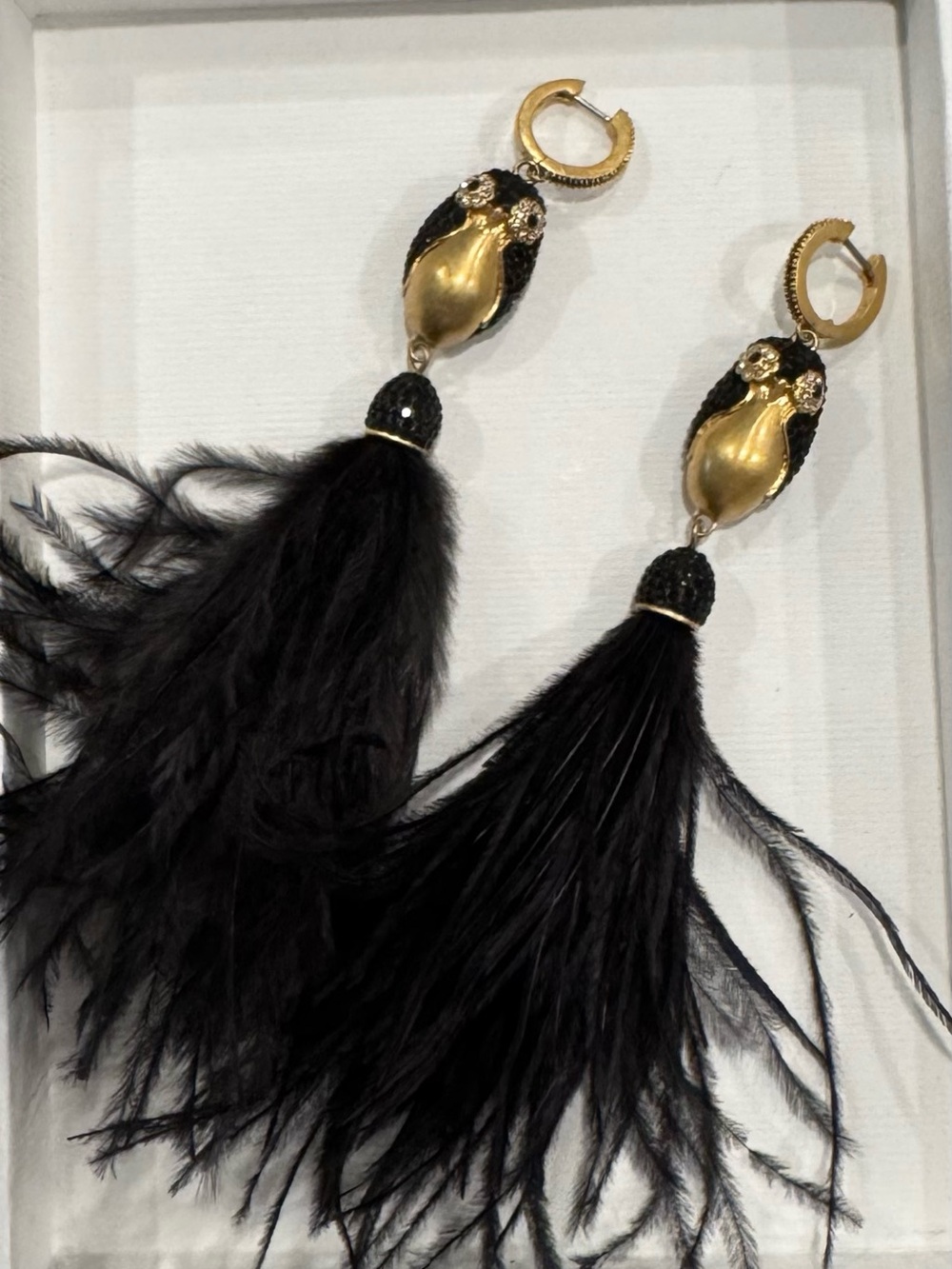 Source Unknown Black and Gold Feather Tassel Earrings
